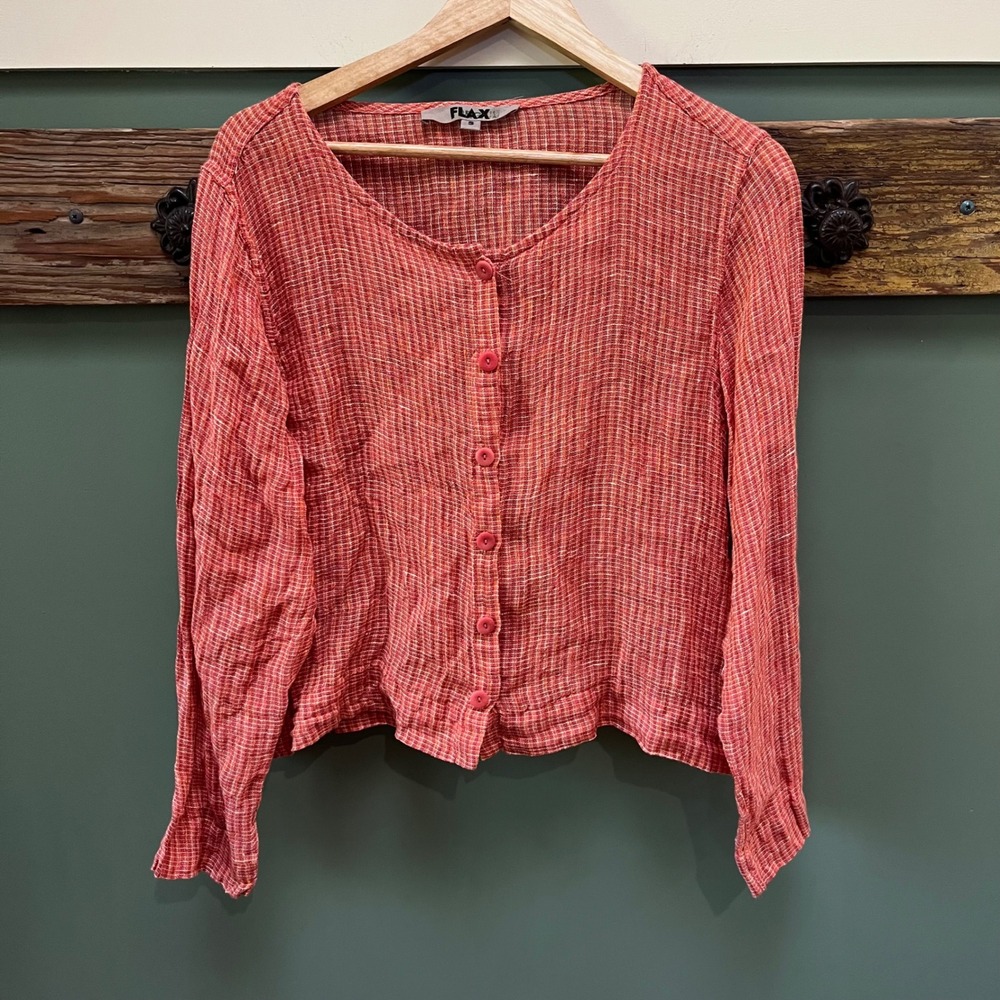 FLAX Women S Orange Pink Textured 100% Linen Button Front Scoop Neck Top Shirt